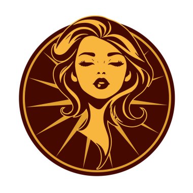 Zarif Kadın Amblemi - Tek Renkli Kuaför Logosu. Şık Kadın Silueti - Güzellik Markası Rozeti. Dalgalı Saçlı Kadın Tepesi Kuaför Maskotu.