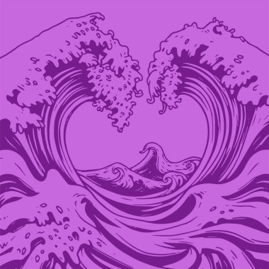 Okyanus dalgası illüstrasyon vektör sanatı. Tek renkli sanatta denizin büyük dalgaları.