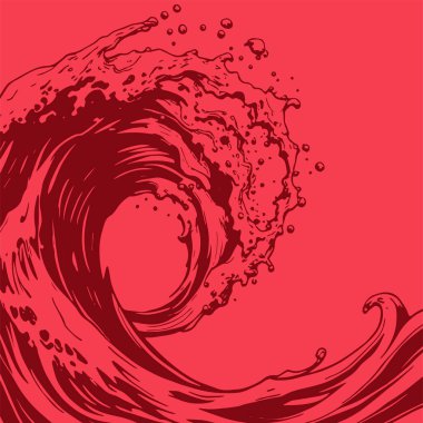 Okyanus dalgası illüstrasyon vektör sanatı. Tek renkli sanatta denizin büyük dalgaları.
