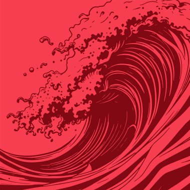 Okyanus dalgası illüstrasyon vektör sanatı. Tek renkli sanatta denizin büyük dalgaları.