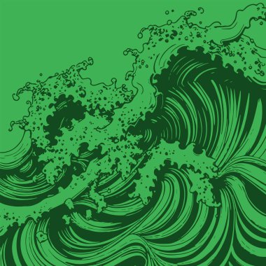 Okyanus dalgası illüstrasyon vektör sanatı. Tek renkli sanatta denizin büyük dalgaları.