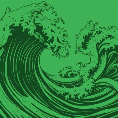 Okyanus dalgası illüstrasyon vektör sanatı. Tek renkli sanatta denizin büyük dalgaları.