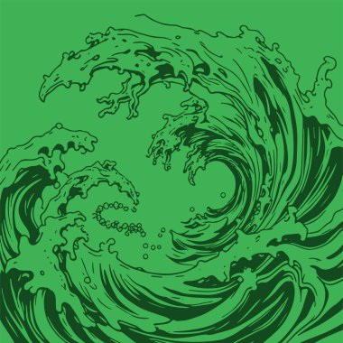 Okyanus dalgası illüstrasyon vektör sanatı. Tek renkli sanatta denizin büyük dalgaları.