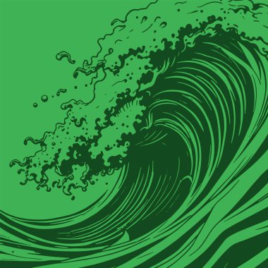 Okyanus dalgası illüstrasyon vektör sanatı. Tek renkli sanatta denizin büyük dalgaları.