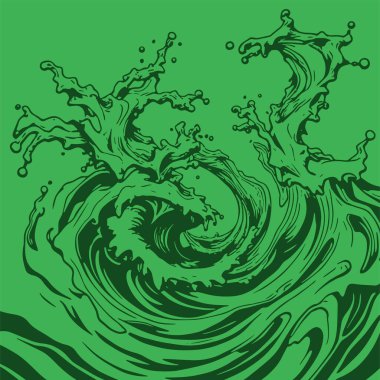 Okyanus dalgası illüstrasyon vektör sanatı. Tek renkli sanatta denizin büyük dalgaları.