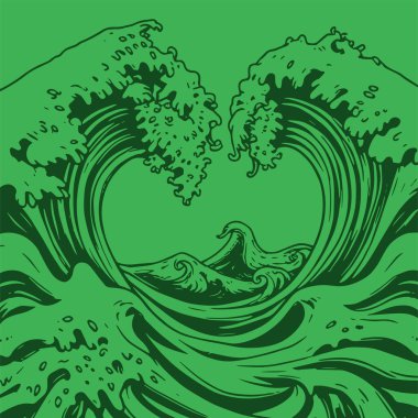 Okyanus dalgası illüstrasyon vektör sanatı. Tek renkli sanatta denizin büyük dalgaları.