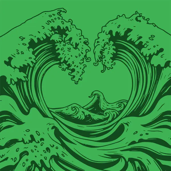 Okyanus dalgası illüstrasyon vektör sanatı. Tek renkli sanatta denizin büyük dalgaları.