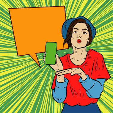 Akıllı telefon görüntüsü gösteren bir kadın tasviri. Eski çizgi roman tarzında akıllı telefon aletleri taşıyan bir kadın pozu. Kadın pazarlamacının posterini as.