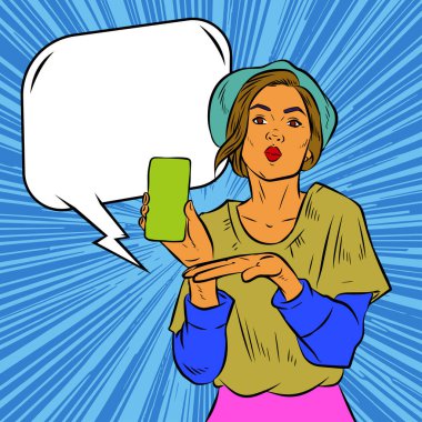 Akıllı telefon görüntüsü gösteren bir kadın tasviri. Eski çizgi roman tarzında akıllı telefon aletleri taşıyan bir kadın pozu. Kadın pazarlamacının posterini as.