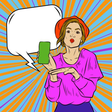 Akıllı telefon görüntüsü gösteren bir kadın tasviri. Eski çizgi roman tarzında akıllı telefon aletleri taşıyan bir kadın pozu. Kadın pazarlamacının posterini as.