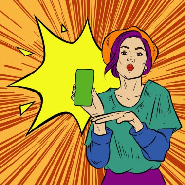 Akıllı telefon görüntüsü gösteren bir kadın tasviri. Eski çizgi roman tarzında akıllı telefon aletleri taşıyan bir kadın pozu. Kadın pazarlamacının posterini as.