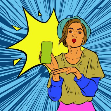 Akıllı telefon görüntüsü gösteren bir kadın tasviri. Eski çizgi roman tarzında akıllı telefon aletleri taşıyan bir kadın pozu. Kadın pazarlamacının posterini as.