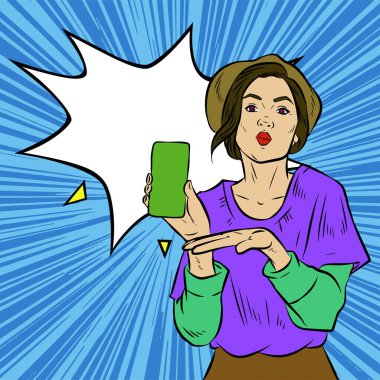 Akıllı telefon görüntüsü gösteren bir kadın tasviri. Eski çizgi roman tarzında akıllı telefon aletleri taşıyan bir kadın pozu. Kadın pazarlamacının posterini as.