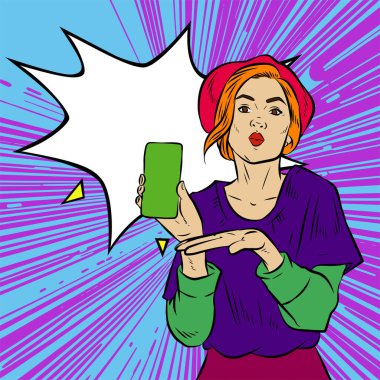 Akıllı telefon görüntüsü gösteren bir kadın tasviri. Eski çizgi roman tarzında akıllı telefon aletleri taşıyan bir kadın pozu. Kadın pazarlamacının posterini as.