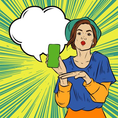Akıllı telefon görüntüsü gösteren bir kadın tasviri. Eski çizgi roman tarzında akıllı telefon aletleri taşıyan bir kadın pozu. Kadın pazarlamacının posterini as.