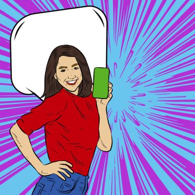 Akıllı telefon görüntüsü gösteren bir kadın tasviri. Eski çizgi roman tarzında akıllı telefon aletleri taşıyan bir kadın pozu. Kadın pazarlamacının posterini as.