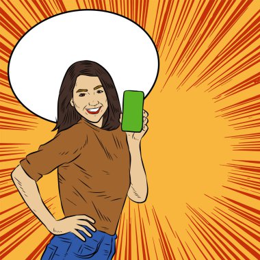 Akıllı telefon görüntüsü gösteren bir kadın tasviri. Eski çizgi roman tarzında akıllı telefon aletleri taşıyan bir kadın pozu. Kadın pazarlamacının posterini as.