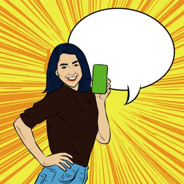 Akıllı telefon görüntüsü gösteren bir kadın tasviri. Eski çizgi roman tarzında akıllı telefon aletleri taşıyan bir kadın pozu. Kadın pazarlamacının posterini as.
