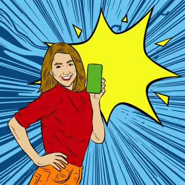Akıllı telefon görüntüsü gösteren bir kadın tasviri. Eski çizgi roman tarzında akıllı telefon aletleri taşıyan bir kadın pozu. Kadın pazarlamacının posterini as.