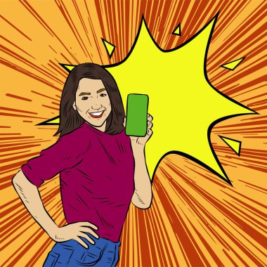Akıllı telefon görüntüsü gösteren bir kadın tasviri. Eski çizgi roman tarzında akıllı telefon aletleri taşıyan bir kadın pozu. Kadın pazarlamacının posterini as.