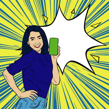 Akıllı telefon görüntüsü gösteren bir kadın tasviri. Eski çizgi roman tarzında akıllı telefon aletleri taşıyan bir kadın pozu. Kadın pazarlamacının posterini as.