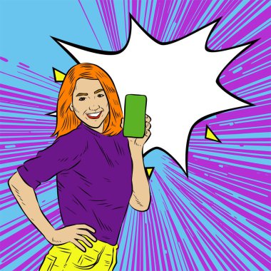 Akıllı telefon görüntüsü gösteren bir kadın tasviri. Eski çizgi roman tarzında akıllı telefon aletleri taşıyan bir kadın pozu. Kadın pazarlamacının posterini as.