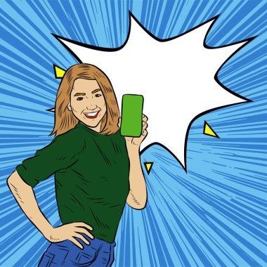 Akıllı telefon görüntüsü gösteren bir kadın tasviri. Eski çizgi roman tarzında akıllı telefon aletleri taşıyan bir kadın pozu. Kadın pazarlamacının posterini as.
