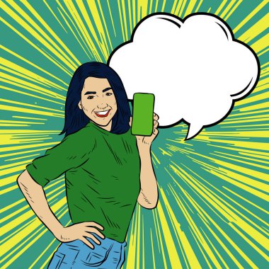 Akıllı telefon görüntüsü gösteren bir kadın tasviri. Eski çizgi roman tarzında akıllı telefon aletleri taşıyan bir kadın pozu. Kadın pazarlamacının posterini as.