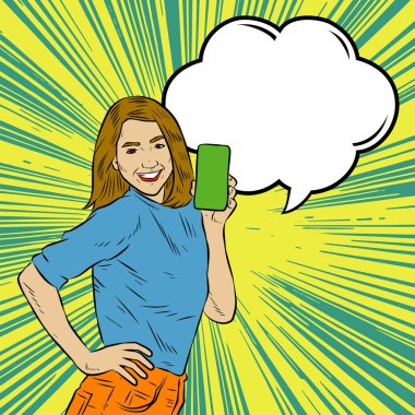 Akıllı telefon görüntüsü gösteren bir kadın tasviri. Eski çizgi roman tarzında akıllı telefon aletleri taşıyan bir kadın pozu. Kadın pazarlamacının posterini as.