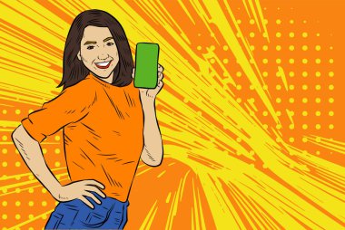 Akıllı telefon görüntüsü gösteren bir kadın tasviri. Eski çizgi roman tarzında akıllı telefon aletleri taşıyan bir kadın pozu. Kadın pazarlamacının posterini as.