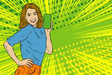 Akıllı telefon görüntüsü gösteren bir kadın tasviri. Eski çizgi roman tarzında akıllı telefon aletleri taşıyan bir kadın pozu. Kadın pazarlamacının posterini as.