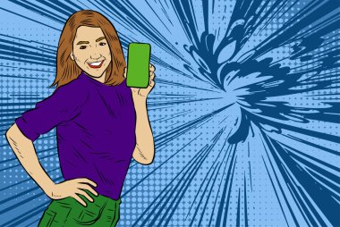 Akıllı telefon görüntüsü gösteren bir kadın tasviri. Eski çizgi roman tarzında akıllı telefon aletleri taşıyan bir kadın pozu. Kadın pazarlamacının posterini as.