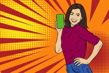 Akıllı telefon görüntüsü gösteren bir kadın tasviri. Eski çizgi roman tarzında akıllı telefon aletleri taşıyan bir kadın pozu. Kadın pazarlamacının posterini as.