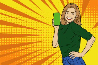 Akıllı telefon görüntüsü gösteren bir kadın tasviri. Eski çizgi roman tarzında akıllı telefon aletleri taşıyan bir kadın pozu. Kadın pazarlamacının posterini as.