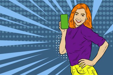 Akıllı telefon görüntüsü gösteren bir kadın tasviri. Eski çizgi roman tarzında akıllı telefon aletleri taşıyan bir kadın pozu. Kadın pazarlamacının posterini as.