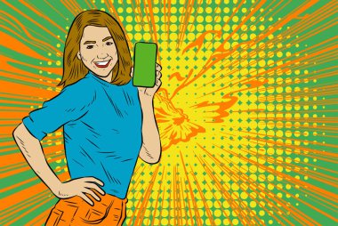 Akıllı telefon görüntüsü gösteren bir kadın tasviri. Eski çizgi roman tarzında akıllı telefon aletleri taşıyan bir kadın pozu. Kadın pazarlamacının posterini as.