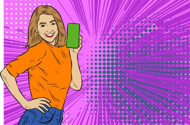 Akıllı telefon görüntüsü gösteren bir kadın tasviri. Eski çizgi roman tarzında akıllı telefon aletleri taşıyan bir kadın pozu. Kadın pazarlamacının posterini as.