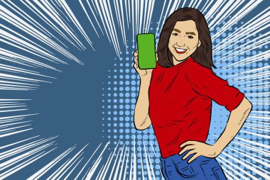 Akıllı telefon görüntüsü gösteren bir kadın tasviri. Eski çizgi roman tarzında akıllı telefon aletleri taşıyan bir kadın pozu. Kadın pazarlamacının posterini as.