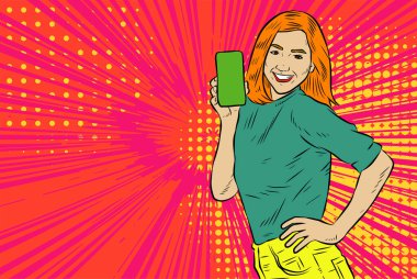 Akıllı telefon görüntüsü gösteren bir kadın tasviri. Eski çizgi roman tarzında akıllı telefon aletleri taşıyan bir kadın pozu. Kadın pazarlamacının posterini as.