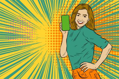 Akıllı telefon görüntüsü gösteren bir kadın tasviri. Eski çizgi roman tarzında akıllı telefon aletleri taşıyan bir kadın pozu. Kadın pazarlamacının posterini as.