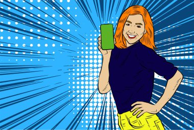 Akıllı telefon görüntüsü gösteren bir kadın tasviri. Eski çizgi roman tarzında akıllı telefon aletleri taşıyan bir kadın pozu. Kadın pazarlamacının posterini as.