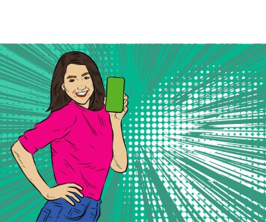 Akıllı telefon görüntüsü gösteren bir kadın tasviri. Eski çizgi roman tarzında akıllı telefon aletleri taşıyan bir kadın pozu. Kadın pazarlamacının posterini as.