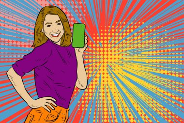 Akıllı telefon görüntüsü gösteren bir kadın tasviri. Eski çizgi roman tarzında akıllı telefon aletleri taşıyan bir kadın pozu. Kadın pazarlamacının posterini as.