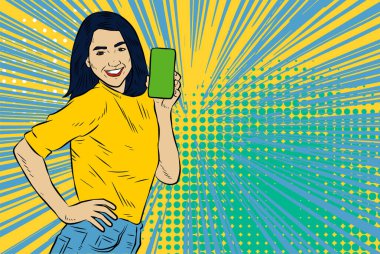Akıllı telefon görüntüsü gösteren bir kadın tasviri. Eski çizgi roman tarzında akıllı telefon aletleri taşıyan bir kadın pozu. Kadın pazarlamacının posterini as.