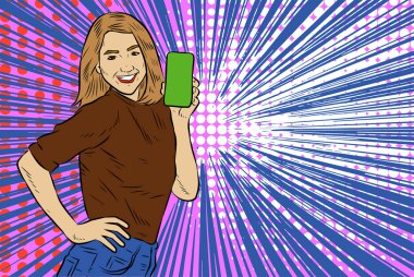 Akıllı telefon görüntüsü gösteren bir kadın tasviri. Eski çizgi roman tarzında akıllı telefon aletleri taşıyan bir kadın pozu. Kadın pazarlamacının posterini as.