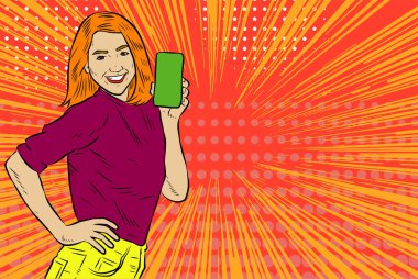 Akıllı telefon görüntüsü gösteren bir kadın tasviri. Eski çizgi roman tarzında akıllı telefon aletleri taşıyan bir kadın pozu. Kadın pazarlamacının posterini as.