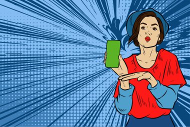 Akıllı telefon görüntüsü gösteren bir kadın tasviri. Eski çizgi roman tarzında akıllı telefon aletleri taşıyan bir kadın pozu. Kadın pazarlamacının posterini as.