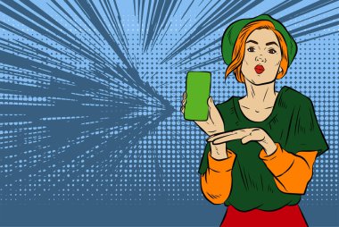 Akıllı telefon görüntüsü gösteren bir kadın tasviri. Eski çizgi roman tarzında akıllı telefon aletleri taşıyan bir kadın pozu. Kadın pazarlamacının posterini as.