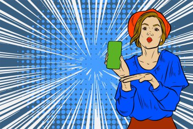 Akıllı telefon görüntüsü gösteren bir kadın tasviri. Eski çizgi roman tarzında akıllı telefon aletleri taşıyan bir kadın pozu. Kadın pazarlamacının posterini as.