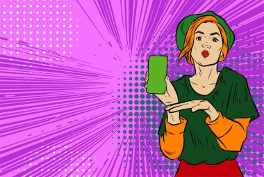 Akıllı telefon görüntüsü gösteren bir kadın tasviri. Eski çizgi roman tarzında akıllı telefon aletleri taşıyan bir kadın pozu. Kadın pazarlamacının posterini as.